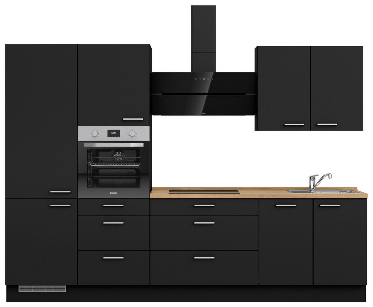 KÜCHENLEERBLOCK 300 cm   in Schwarz, Eichefarben  - Edelstahlfarben/Eichefarben, MODERN, Holzwerkstoff/Metall (300cm) - Nobilia