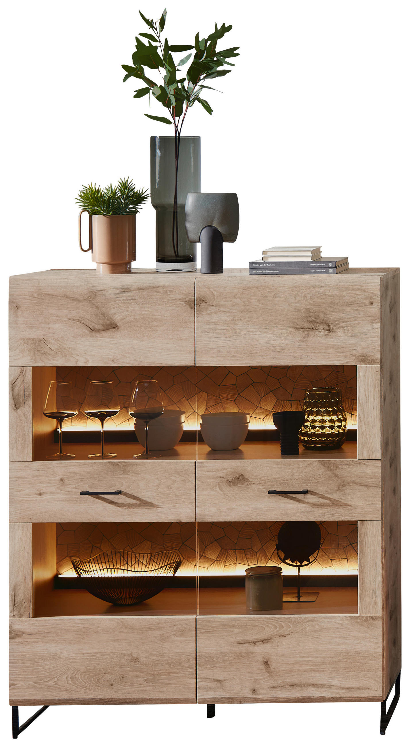 HIGHBOARD Schwarz, Eichefarben Beleuchtung, Einlegeböden - Eichefarben/Schwarz, KONVENTIONELL, Glas/Holzwerkstoff (110/138/39cm) - Stylife