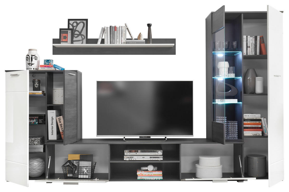 OBÝVACIA STENA, biela s vysokým leskom, antracitová - biela s vysokým leskom/antracitová, Konventionell, kompozitné drevo/plast (312/190cm) - MID.YOU