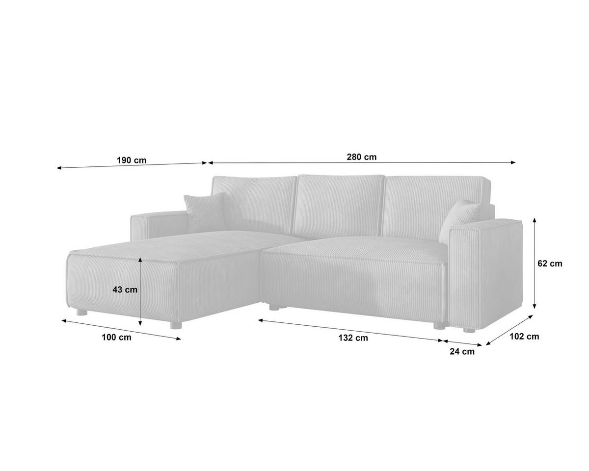 ECKSOFA Grau Cord Zierkissen, Rückenkissen, Bettkasten, Schlaffunktion, Rücken echt, Liegefläche im Originalstoff  - Schwarz/Grau, MODERN, Kunststoff/Textil (190/280cm) - Carryhome