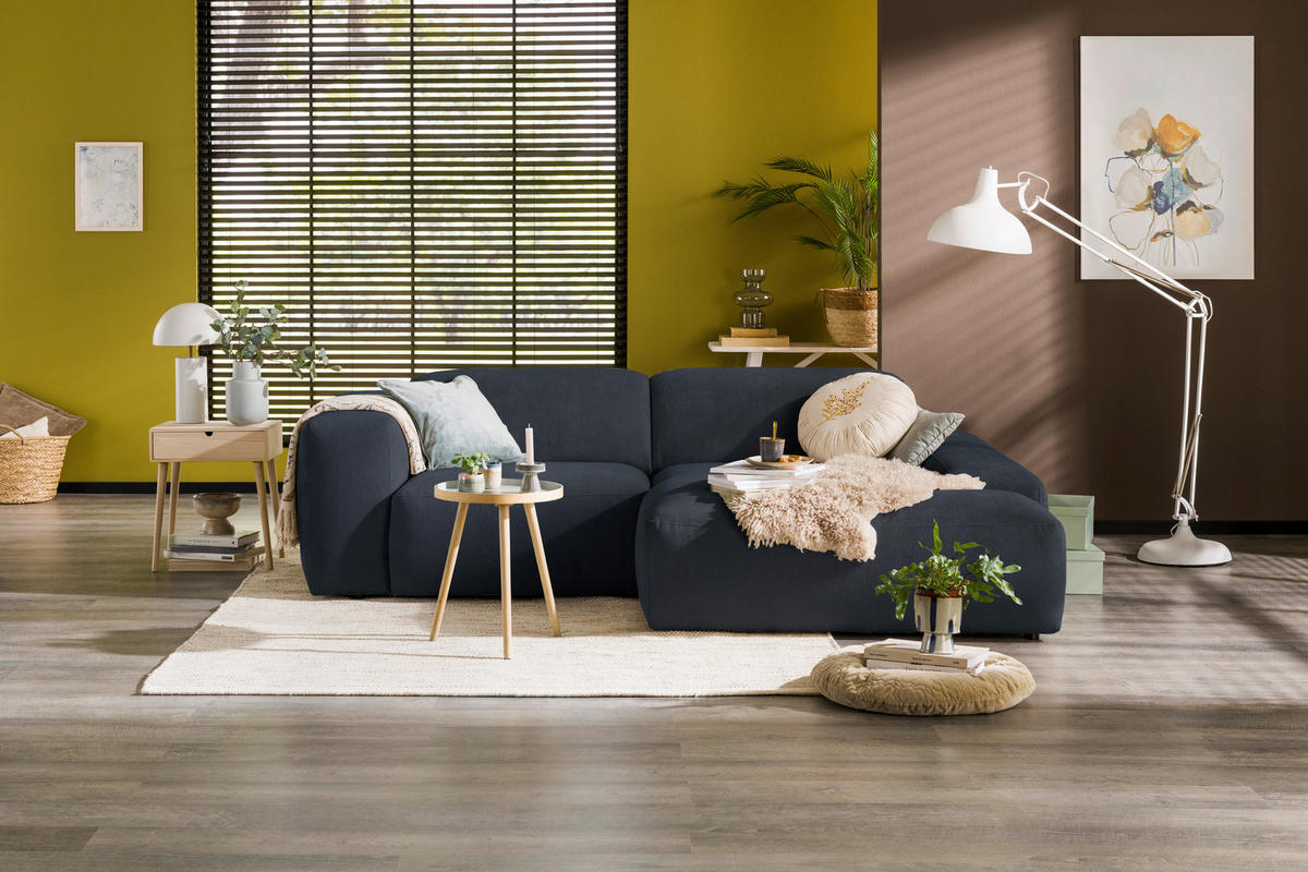 ECKSOFA HANNAH Blau Cord  - Blau/Schwarz, Design, Kunststoff/Textil (252/170cm) - MID.YOU