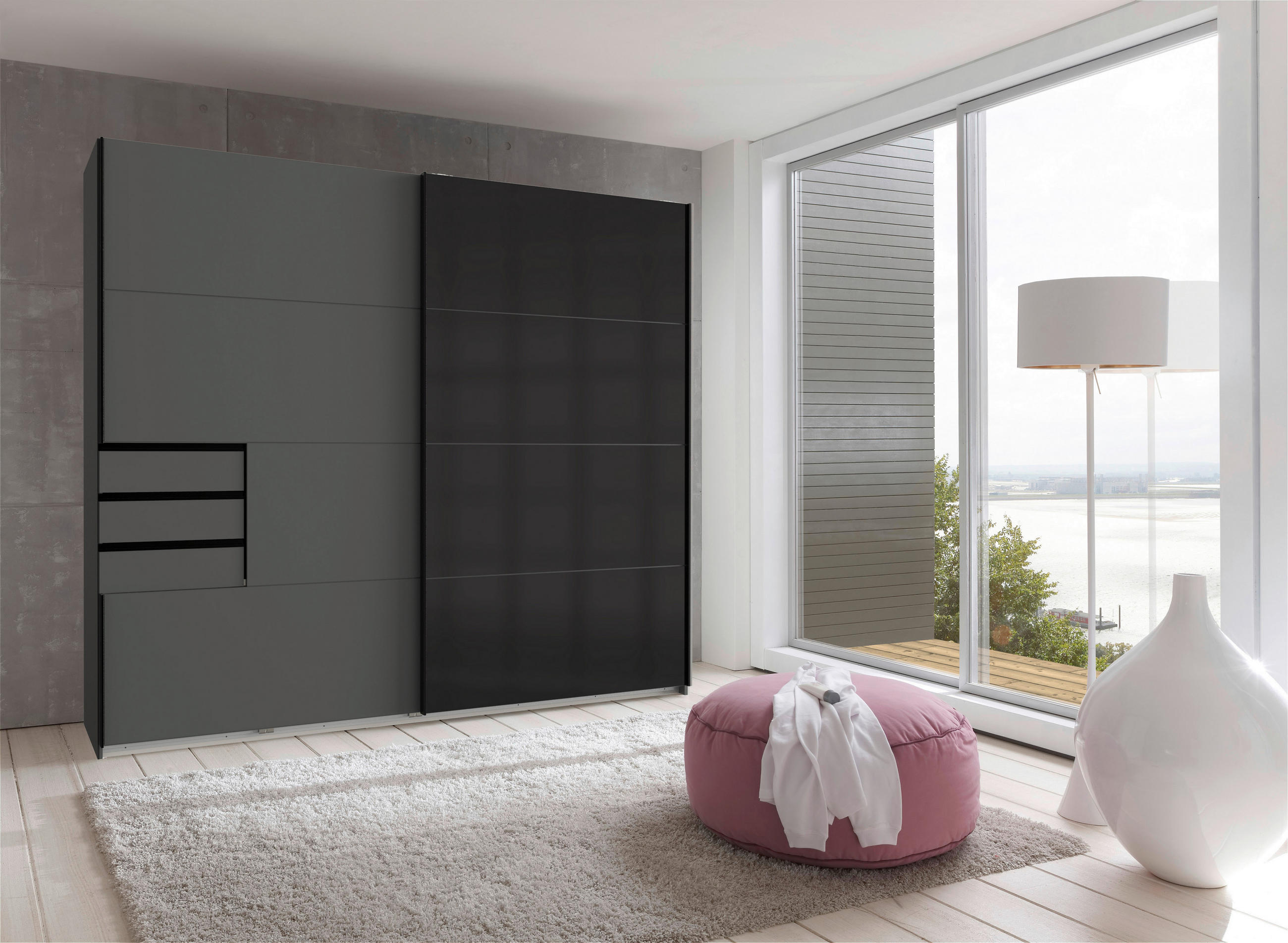 SCHIEBETÜRENSCHRANK 225/210/64 cm 2-türig Graphitfarben, Schwarz  - Graphitfarben/Schwarz, KONVENTIONELL, Holzwerkstoff/Metall (225/210/64cm) - MID.YOU