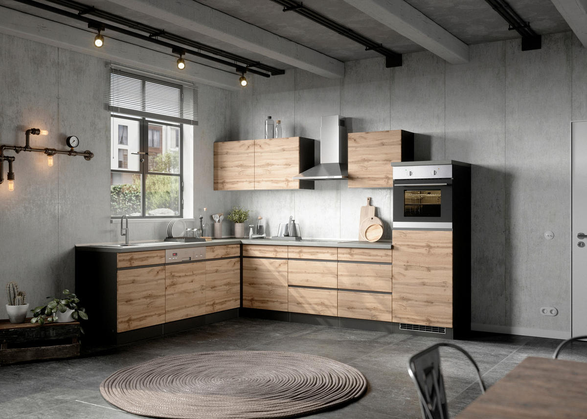 Eckküche Turin mit Geräten 240/300 cm  in Graphitfarben, Eiche Wotan  - Eiche Wotan/Graphitfarben, Design, Holzwerkstoff (240/300cm) - Held