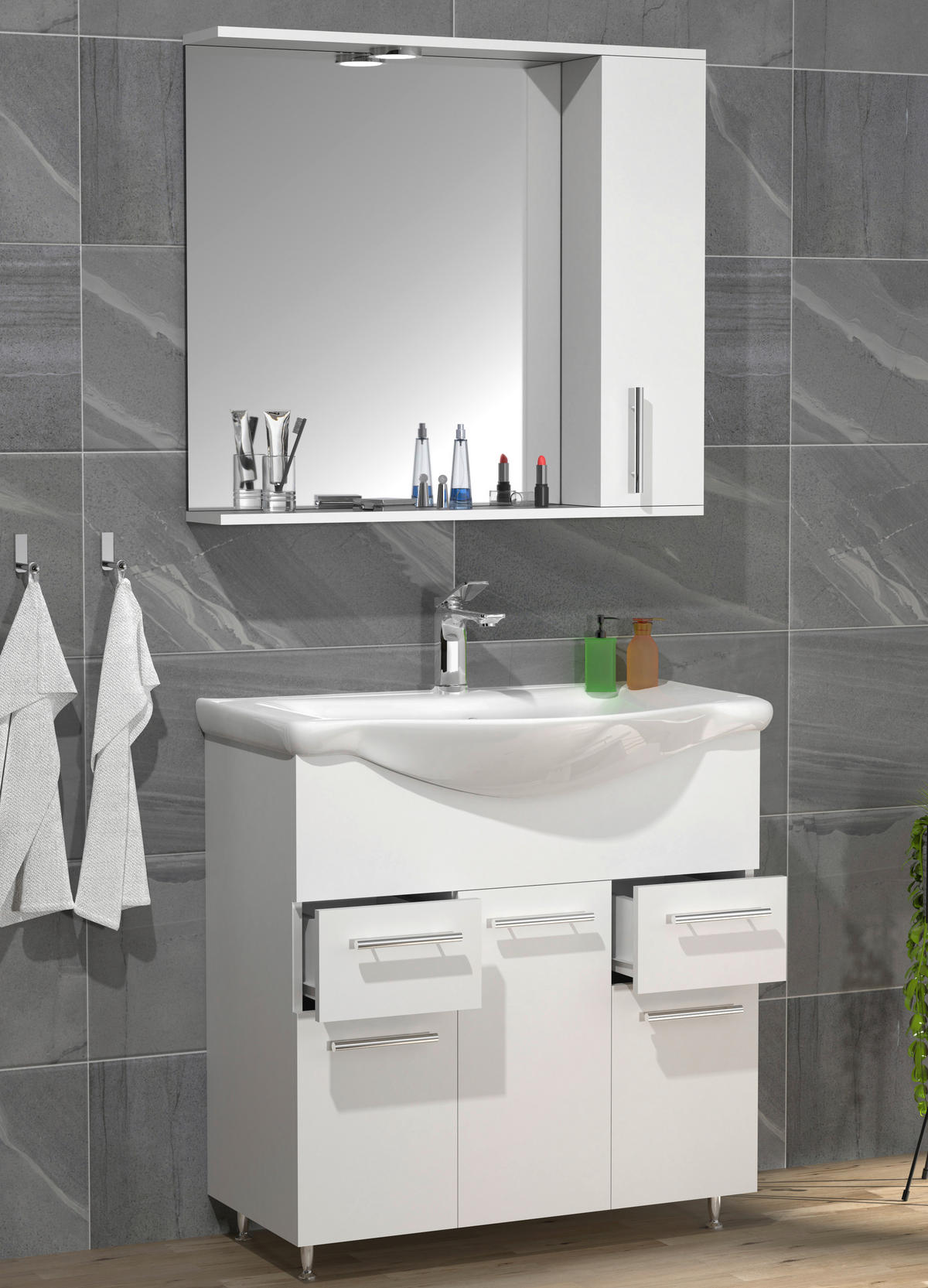 BADEZIMMER 3-teilig  in 75 cm  - Weiss/Silberfarben, Modern, Glas/Keramik (75cm) - MID.YOU