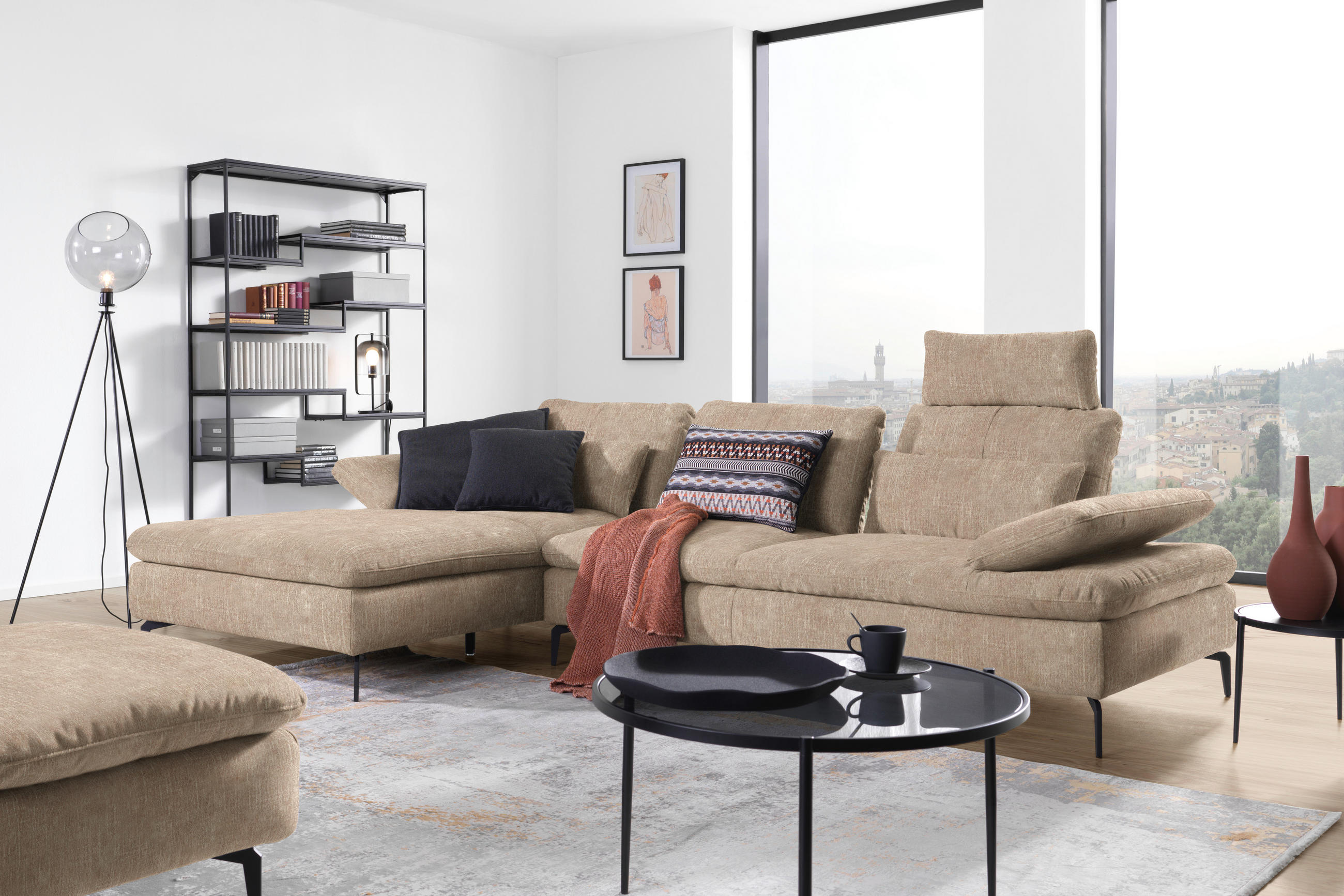 ECKSOFA in Velours Sandfarben  - Sandfarben/Schwarz, Design, Textil/Metall (179/301cm) - Chilliano