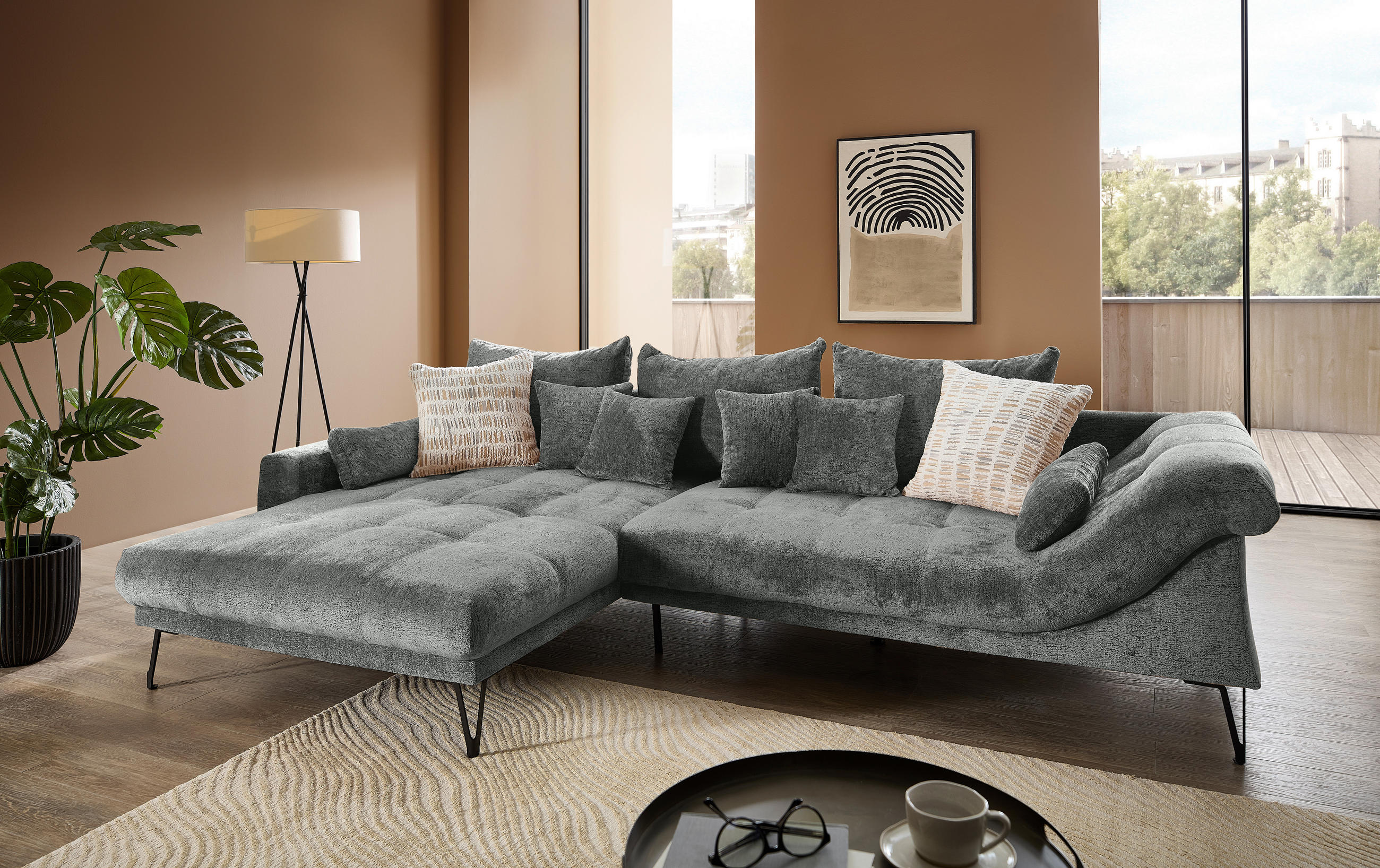 ECKSOFA GARDA Anthrazit Chenille Zierkissen, Rückenkissen, Nierenkissen, Rücken echt  - Anthrazit/Schwarz, KONVENTIONELL, Textil/Metall (192/310cm) - Livetastic