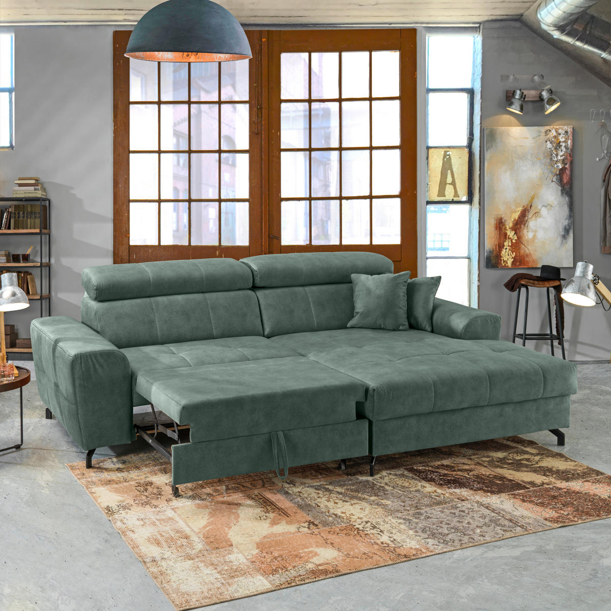 ECKSOFA in Velours Mintgrün  - Schwarz/Mintgrün, Design, Textil/Metall (267/181cm) - Carryhome
