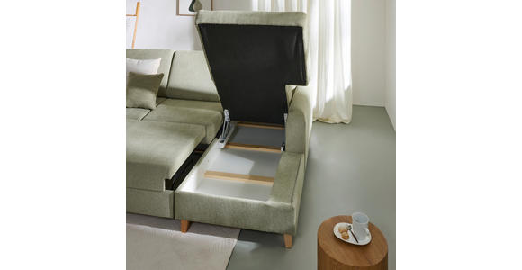 ECKSOFA Hellgrün Flachgewebe Bettkasten, Schlaffunktion, Rücken echt, Kopfstütze, Liegefläche im Originalstoff  - Buchefarben/Hellgrün, KONVENTIONELL, Holz/Textil (241/166cm) - Carryhome