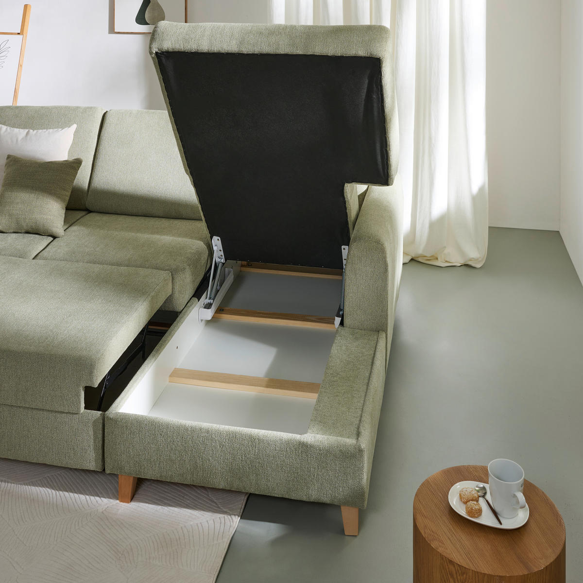 ECKSOFA Hellgrün Flachgewebe  - Buchefarben/Hellgrün, KONVENTIONELL, Holz/Textil (241/166cm) - Carryhome