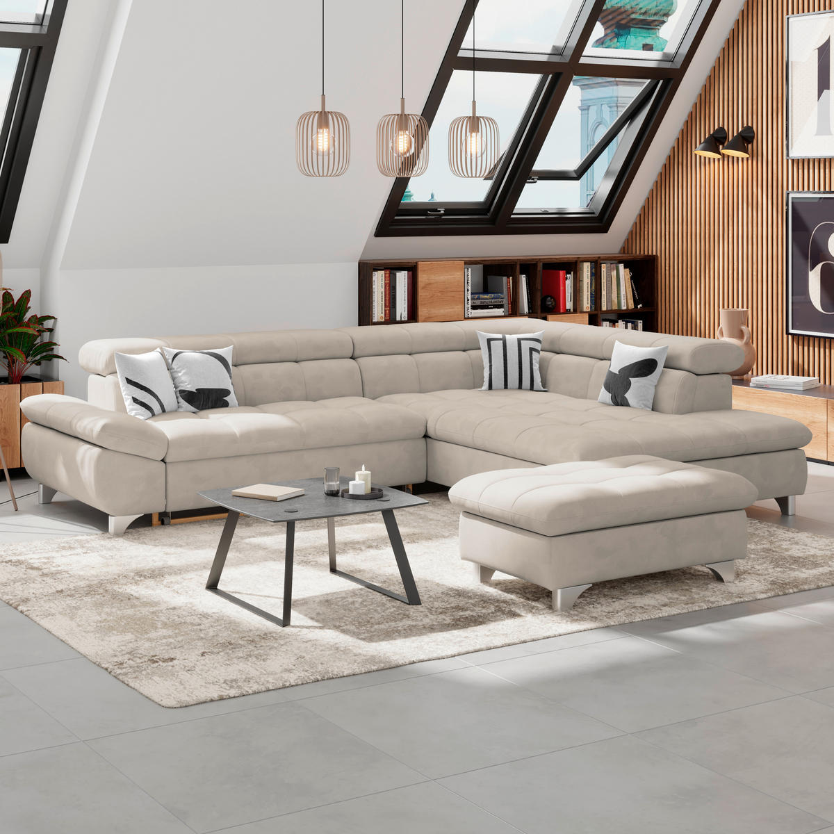 ECKSOFA Naturfarben Chenille  - Chromfarben/Naturfarben, KONVENTIONELL, Textil/Metall (312/234cm) - Livetastic