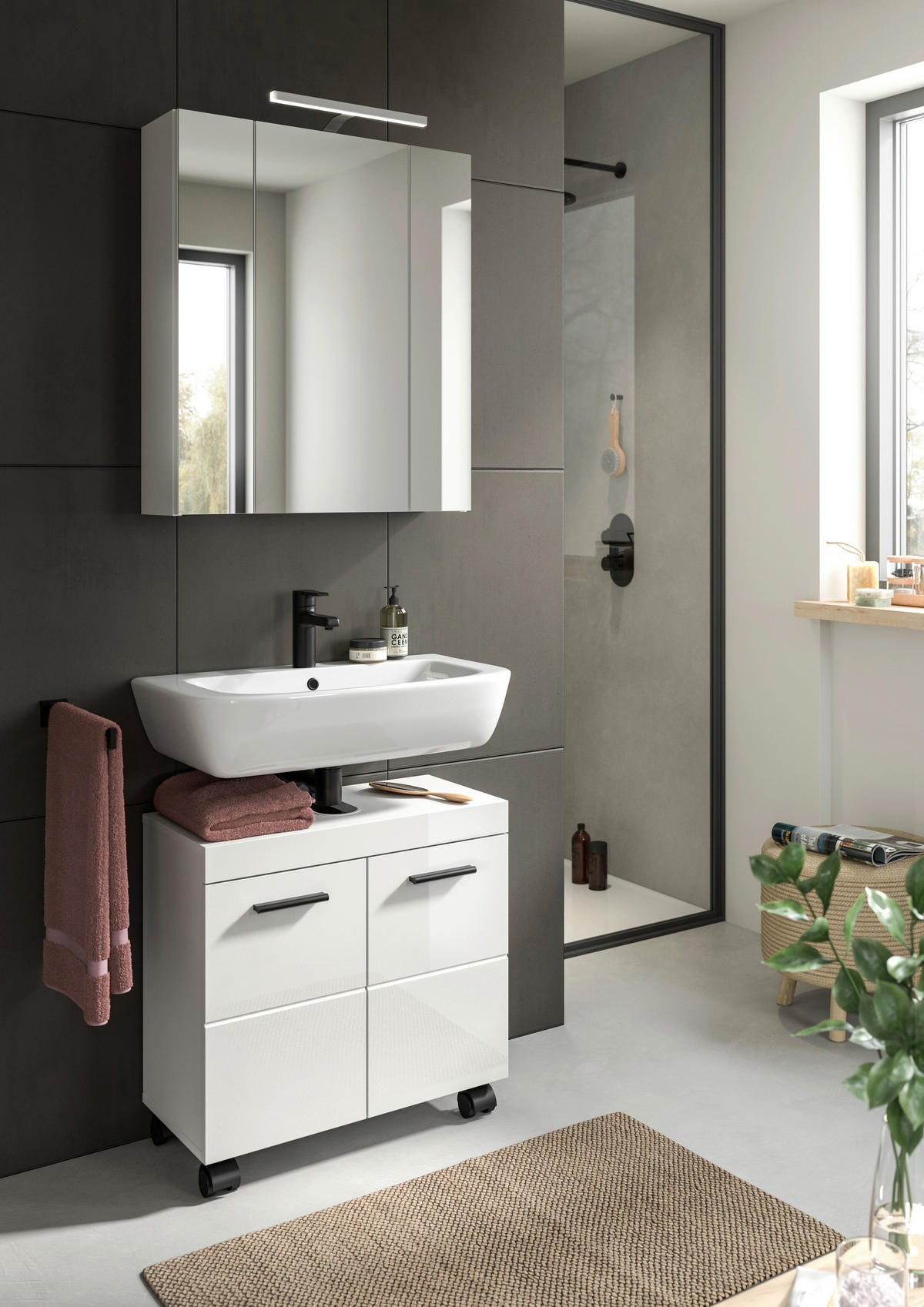 BADEZIMMER 2-teilig  in 60 cm  - Weiß Hochglanz/Schwarz, Trend, Glas/Holzwerkstoff (60cm) - MID.YOU