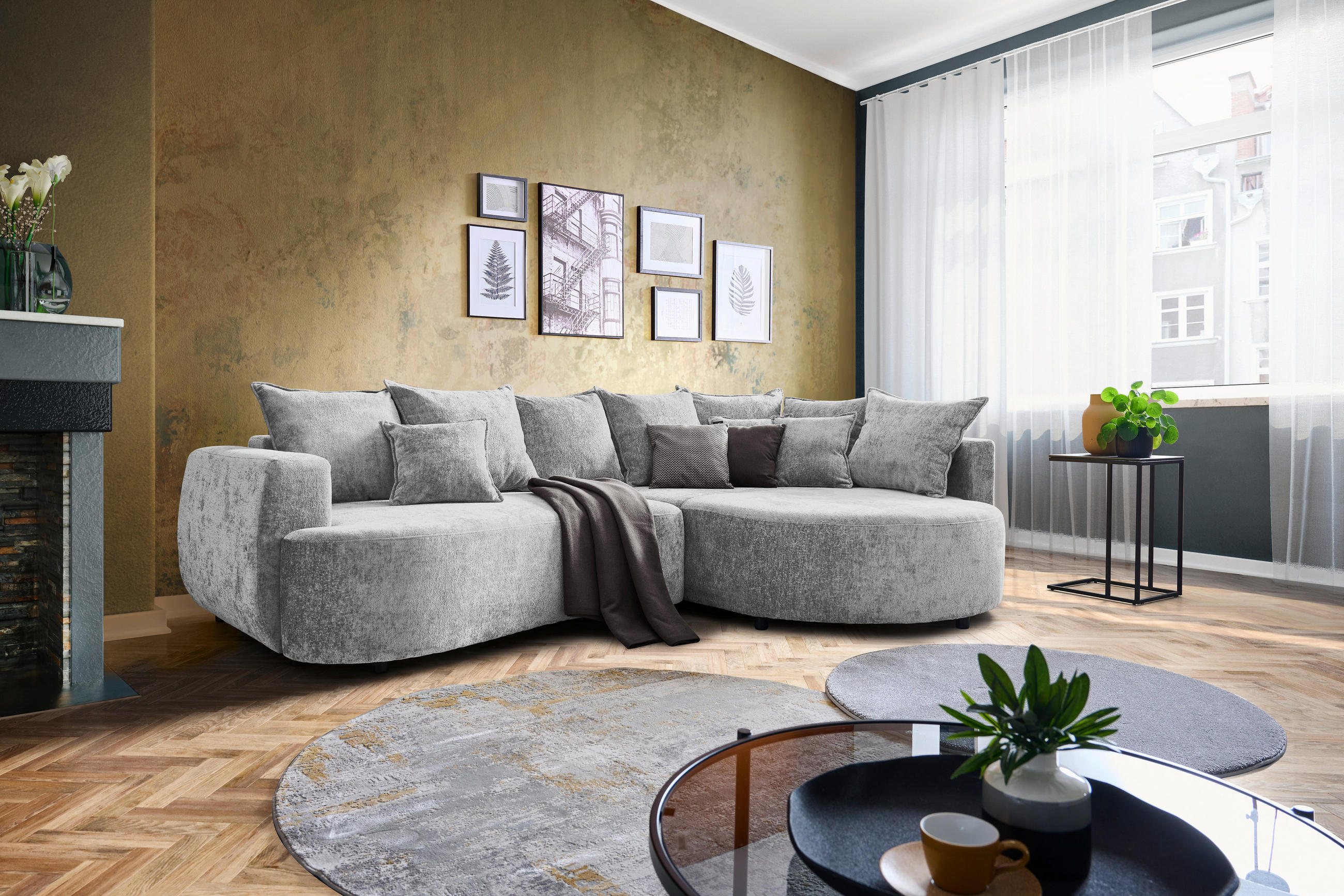 ECKSOFA in Chenille Hellgrau  - Hellgrau/Schwarz, Design, Kunststoff/Textil (307/194cm) - Carryhome