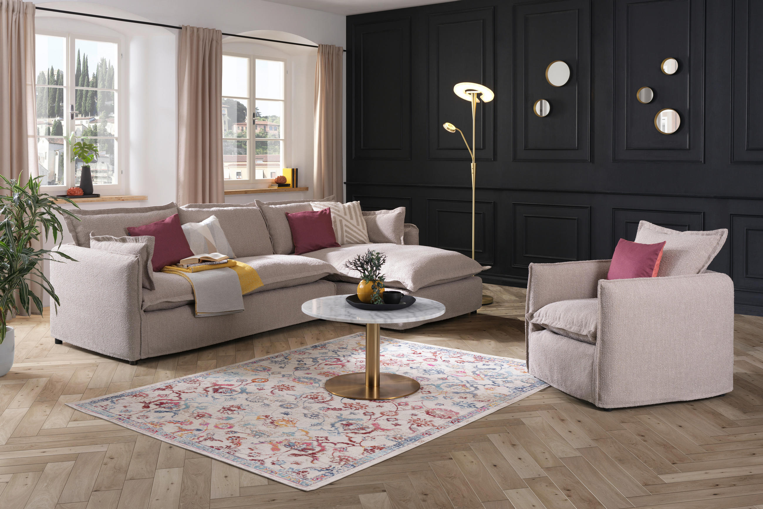 HUSSEN-ECKSOFA Beige Bouclé, Flachgewebe  - Beige/Schwarz, Trend, Textil/Metall (295/165cm) - Livetastic