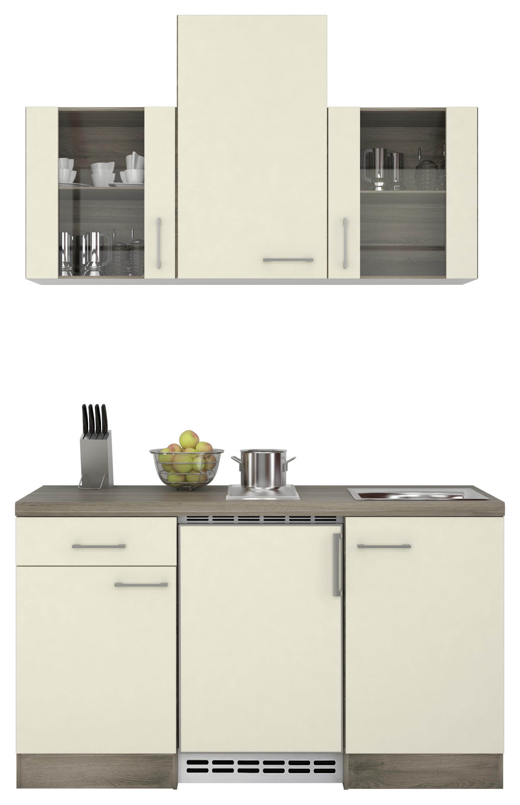 MINIKÜCHE 150 cm in Eichefarben, Magnolie - Edelstahlfarben/Eichefarben, MODERN, Glas (150cm) - MID.YOU
