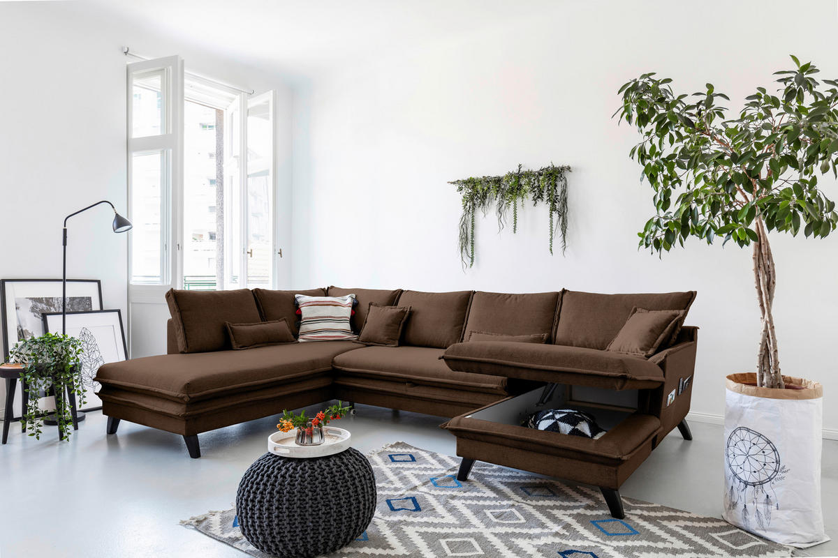 WOHNLANDSCHAFT Braun Mikrofaser  - Schwarz/Braun, Design, Holz/Textil (200/300/150cm) - P & B