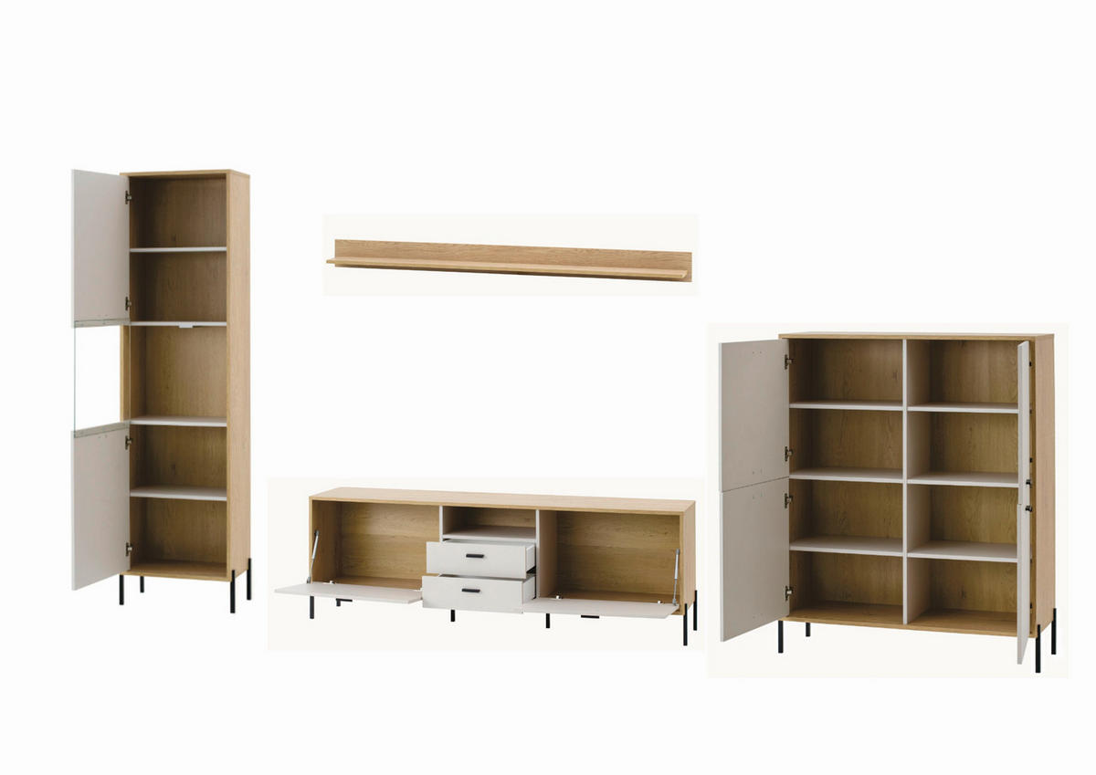 WOHNWAND 4-teilig  in Eichefarben, Kaschmir  384/206/40 cm    - Kaschmir/Eichefarben, Design, Holzwerkstoff/Metall (384/206/40cm) - MID.YOU