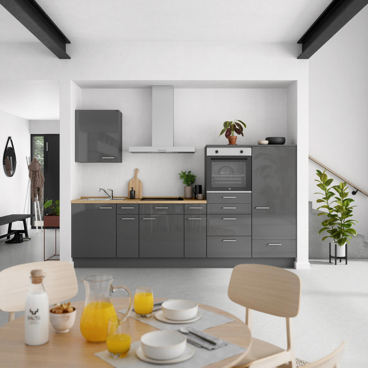 KÜCHENLEERBLOCK 300 cm   in Eichefarben, Schieferfarben  - Schieferfarben/Edelstahlfarben, MODERN, Holzwerkstoff/Metall (300cm) - Nobilia