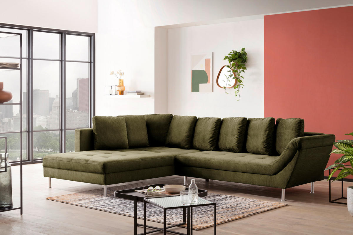 ECKSOFA in Velours Dunkelgrün  - Chromfarben/Dunkelgrün, Design, Kunststoff/Textil (224/326cm) - Stylife
