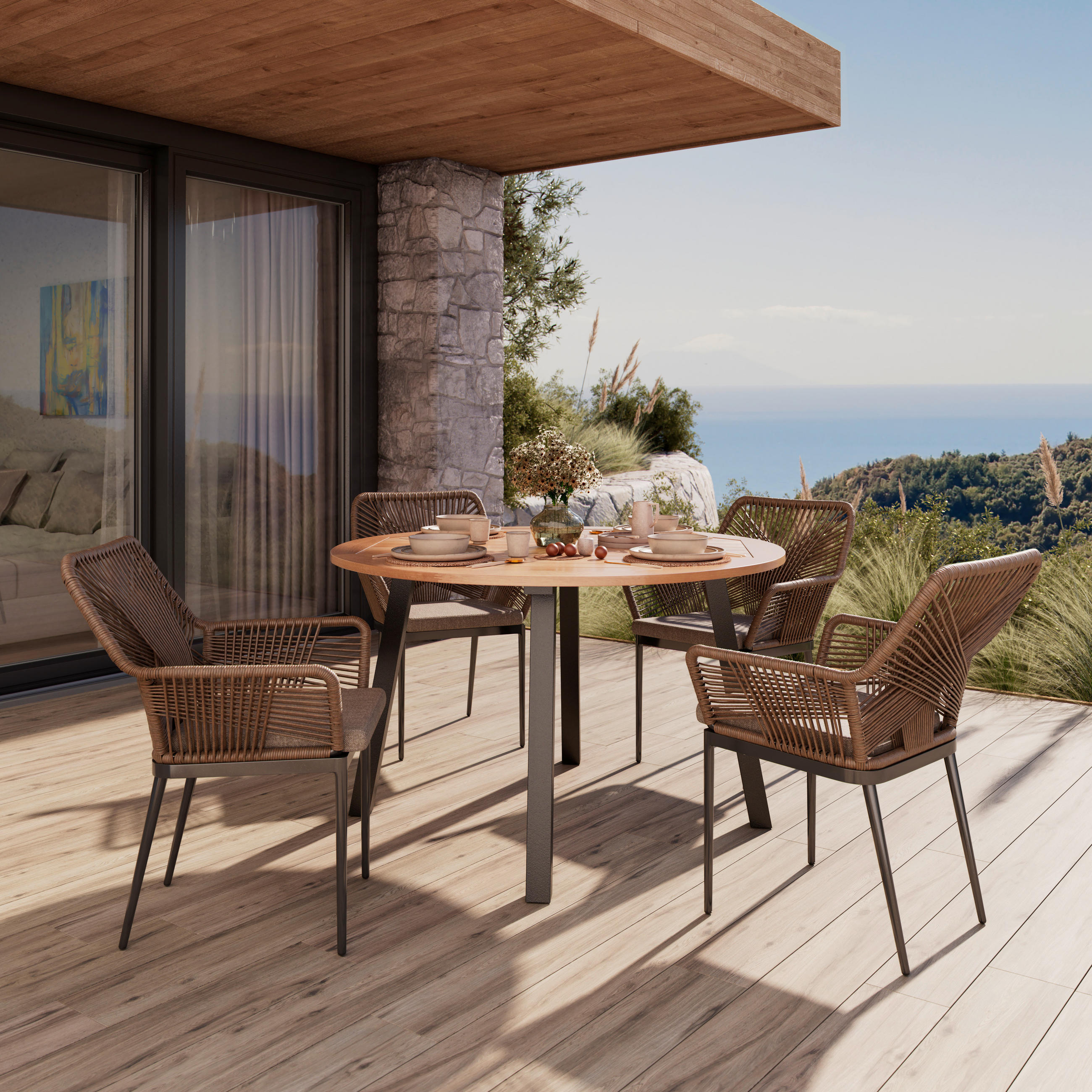 GARTENTISCH 130/130/75 cm Holz, Metall rund  - Schwarz/Teakfarben, MODERN, Holz/Metall (130/130/75cm) - Ambia Garden