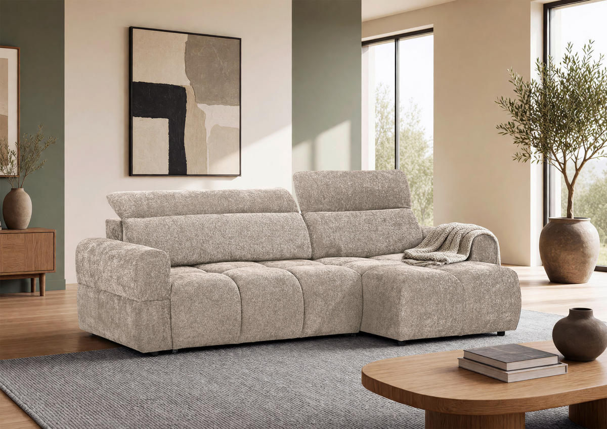 ECKSOFA Beige Chenille Bettkasten, Rücken echt, Kopfteilverstellung, Sitztiefenverstellung  - Beige/Schwarz, MODERN, Kunststoff/Textil (268/165cm) - Carryhome