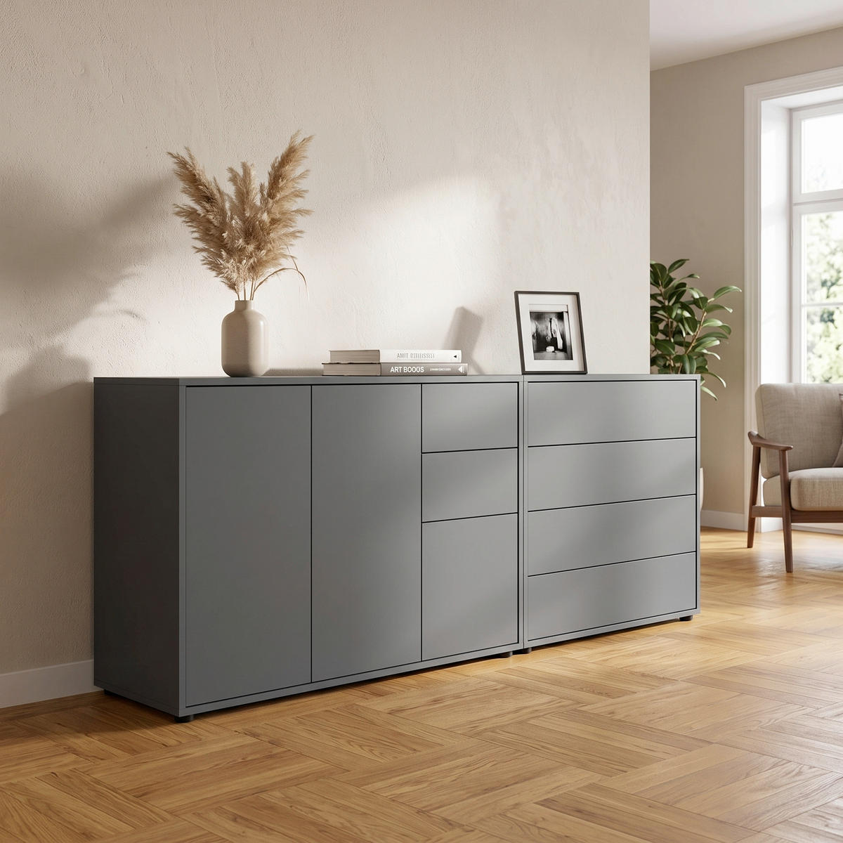 SIDEBOARD Mailand Set 9 184,5/73/33 cm 6 Schublade(n)  - Anthrazit/Schwarz, MODERN, Holzwerkstoff/Kunststoff (184,5/73/33cm) - MID.YOU