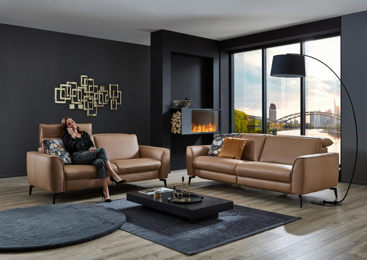 3-SITZER-SOFA in Echtleder Haselnussfarben  - Schwarz/Haselnussfarben, Natur, Leder/Metall (222/81/110cm) - Valdera