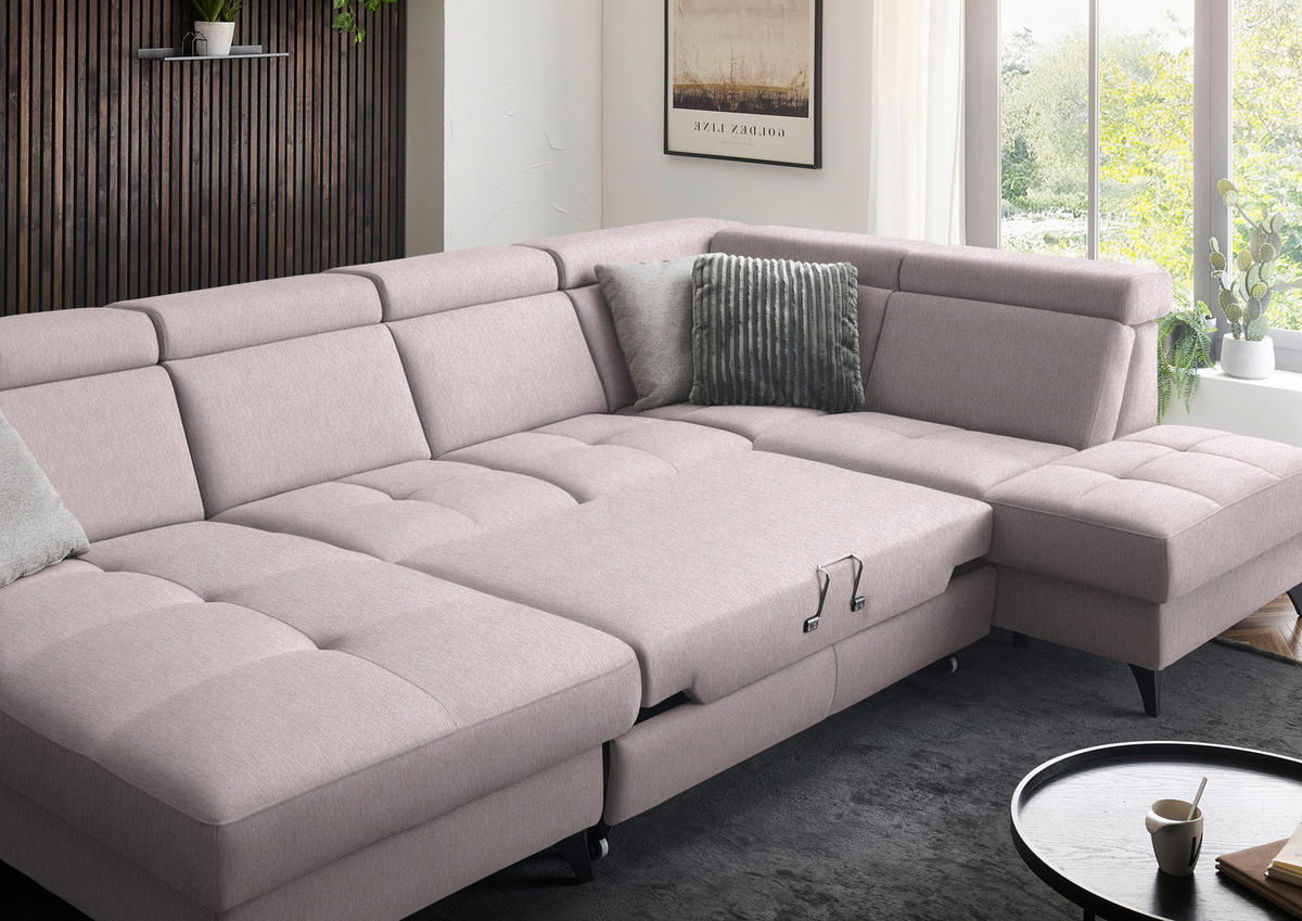 WOHNLANDSCHAFT Flachgewebe Altrosa  - Schwarz/Altrosa, Konventionell, Textil/Metall (174/333/215cm) - Beldomo System