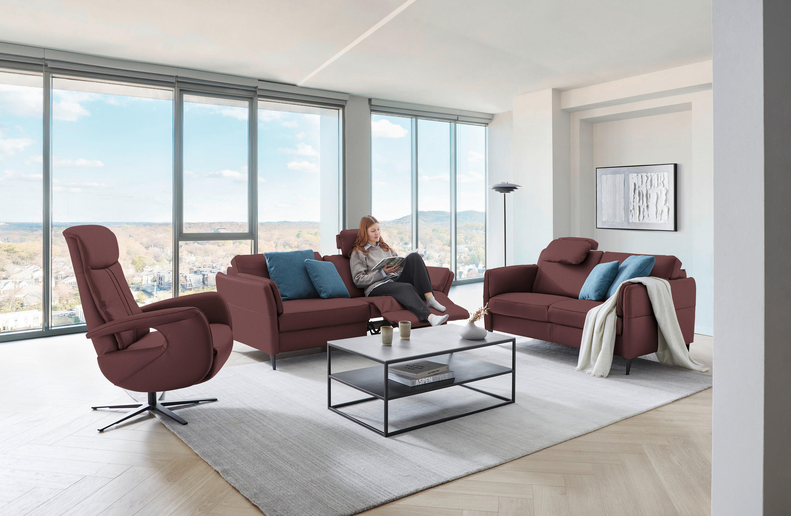 3-SITZER-SOFA in Leder Weinrot  - Weinrot/Schwarz, Design, Leder/Metall (190/84/99cm) - Dieter Knoll