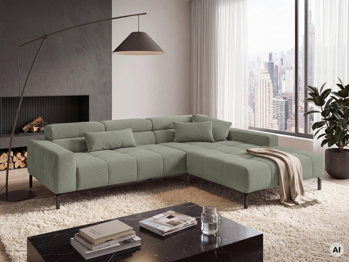 ECKSOFA Graugrün Feincord Rücken echt, Kopfteilverstellung, Sitztiefenverstellung  - Schwarz/Graugrün, KONVENTIONELL, Textil/Metall (293/226cm) - Hom`in
