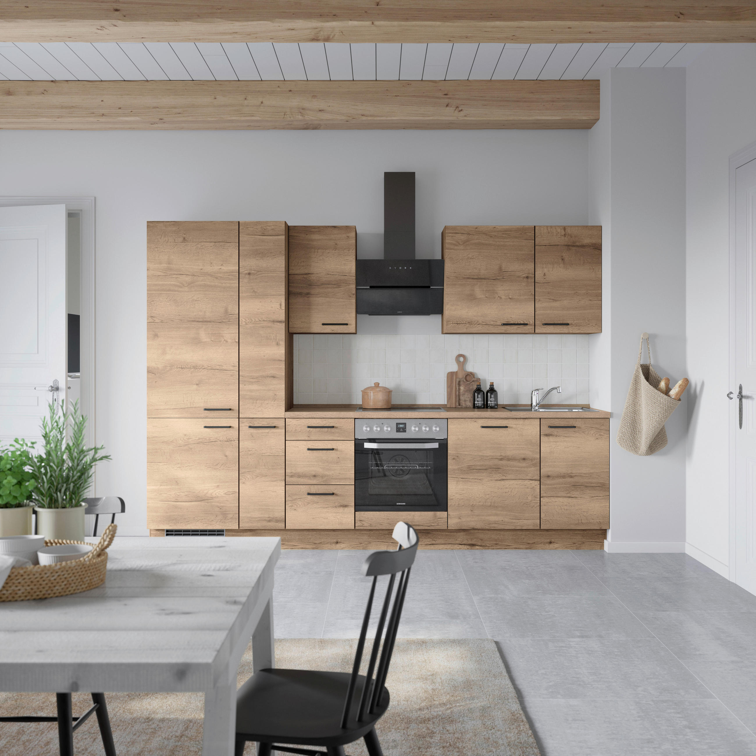 BUCĂTĂRIE FĂRĂ ELECTROCASNICE  - stejar închis la culoare/negru, Modern, metal/material pe bază de lemn (300cm) - Nobilia