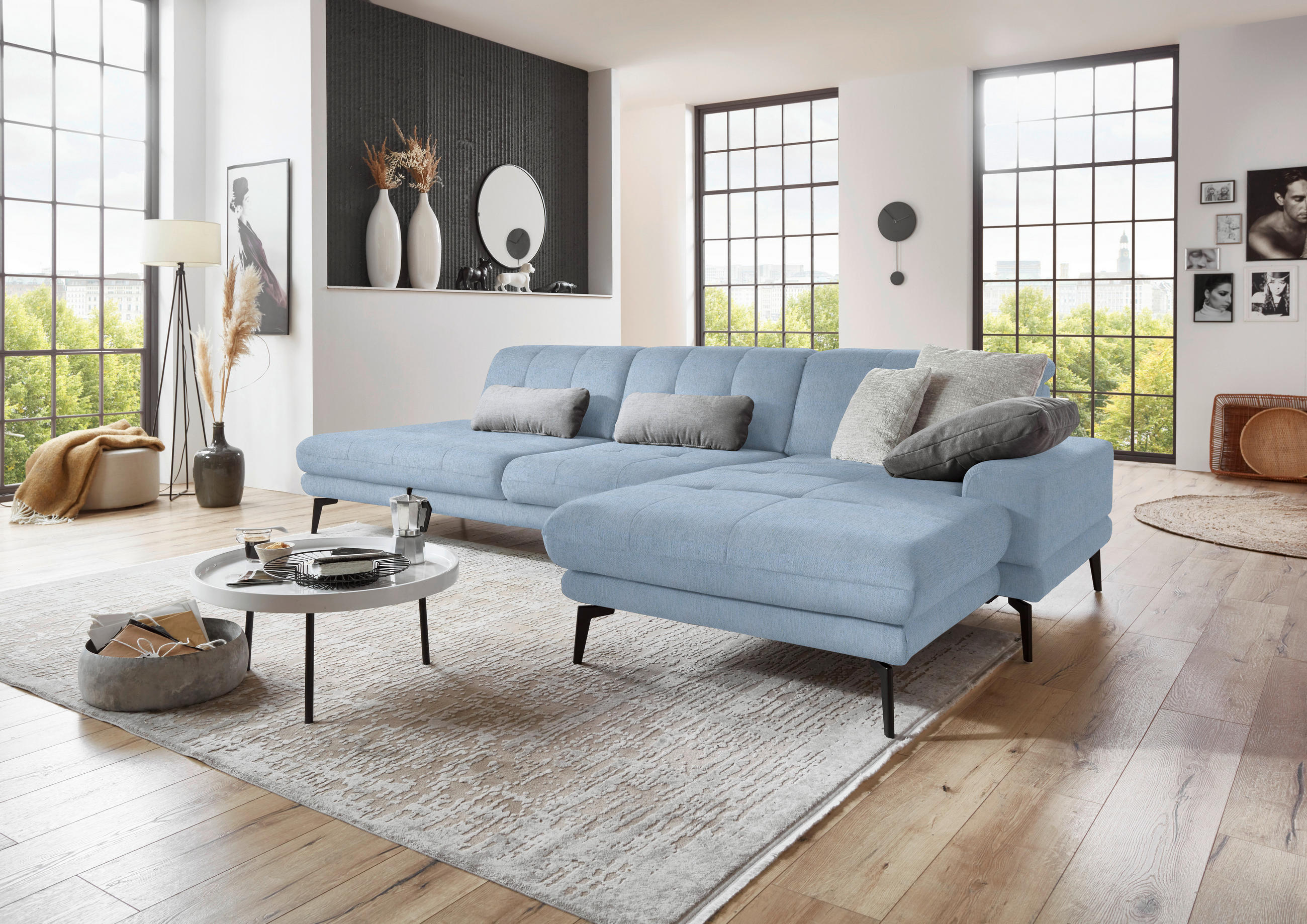 ECKSOFA in Flachgewebe Hellblau  - Schwarz/Hellblau, Design, Textil/Metall (309/190cm) - Beldomo Style