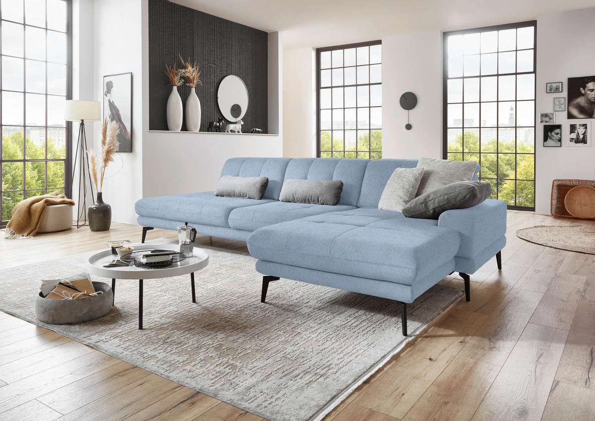 ECKSOFA in Flachgewebe Hellblau  - Schwarz/Hellblau, Design, Textil/Metall (309/190cm) - Beldomo Style