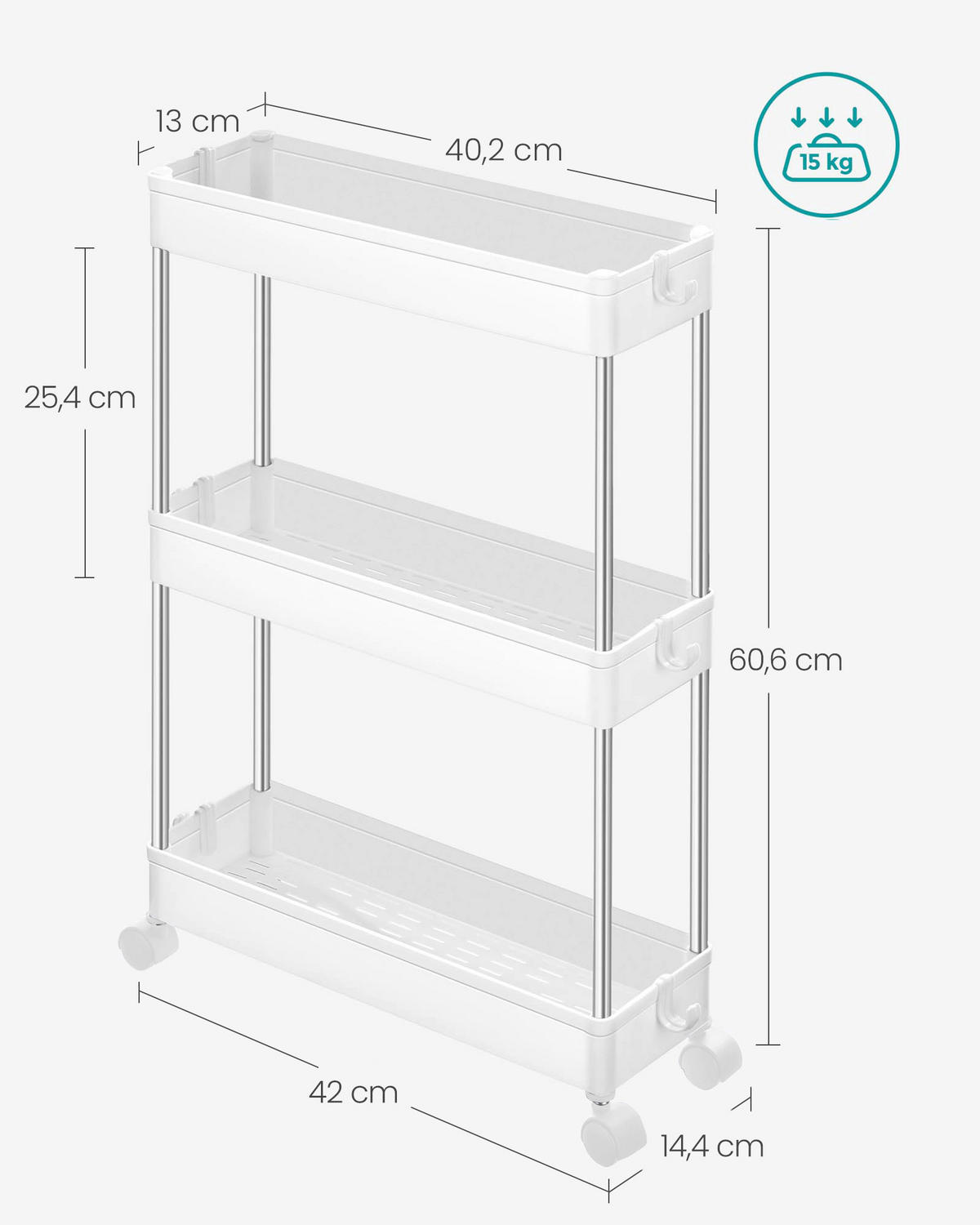 SERVIERWAGEN in Weiß, Edelstahlfarben  - Edelstahlfarben/Silberfarben, Basics, Kunststoff/Metall (14,4/60,6/42cm)