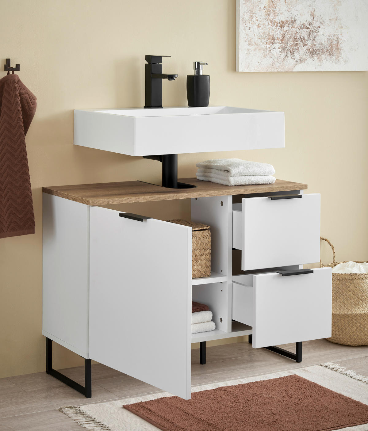 WASCHBECKENUNTERSCHRANK 80/60/35 cm  - Eichefarben/Schwarz, KONVENTIONELL, Holzwerkstoff/Metall (80/60/35cm) - home24