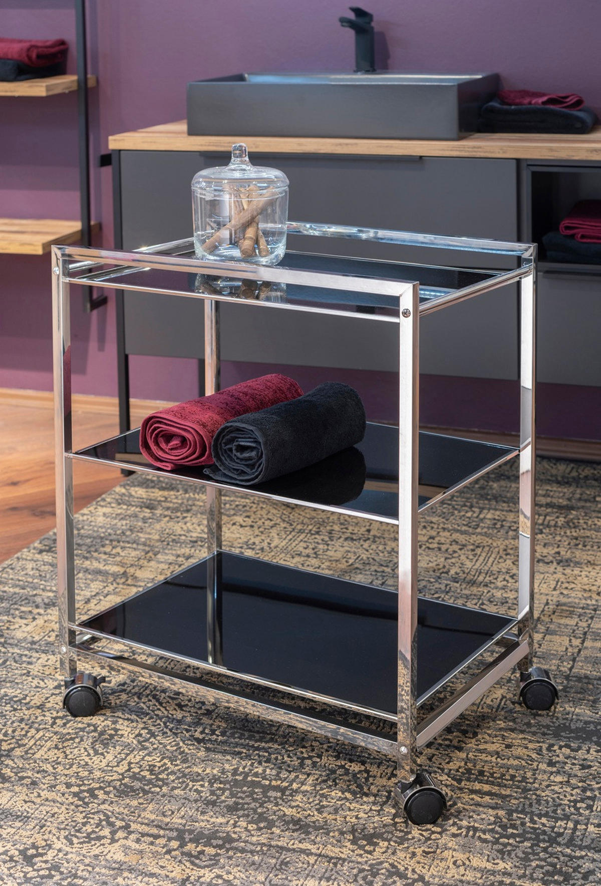 SERVIERWAGEN Schwarz, Edelstahlfarben  - Edelstahlfarben/Schwarz, Design, Glas/Kunststoff (60,5/73,5/40,5cm)