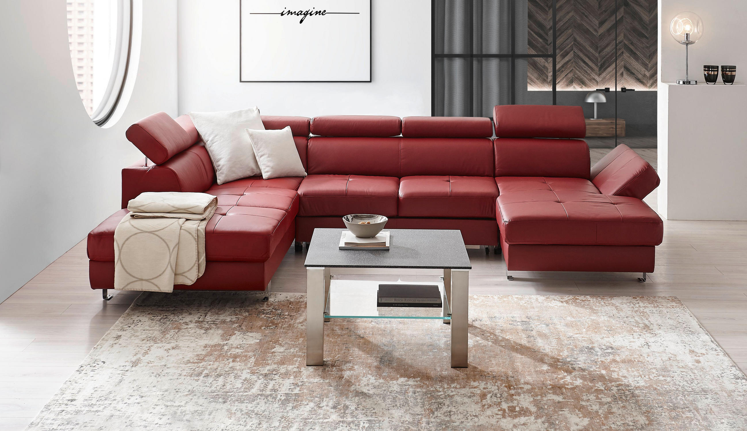 Wohnlandschaft inkl.Funktionen Bordeaux Kombination Echtleder/Lederlook  - Chromfarben/Bordeaux, Design, Leder/Textil (212/334/157cm) - Stylife