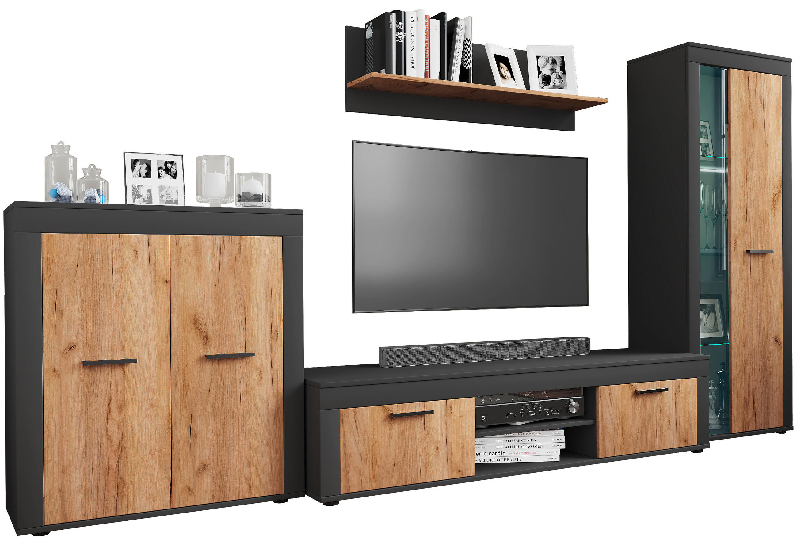 WOHNWAND  300/159/37 cm  in Anthrazit, Honigeiche  - Honigeiche/Anthrazit, Design, Glas/Holzwerkstoff (300/159/37cm) - MID.YOU
