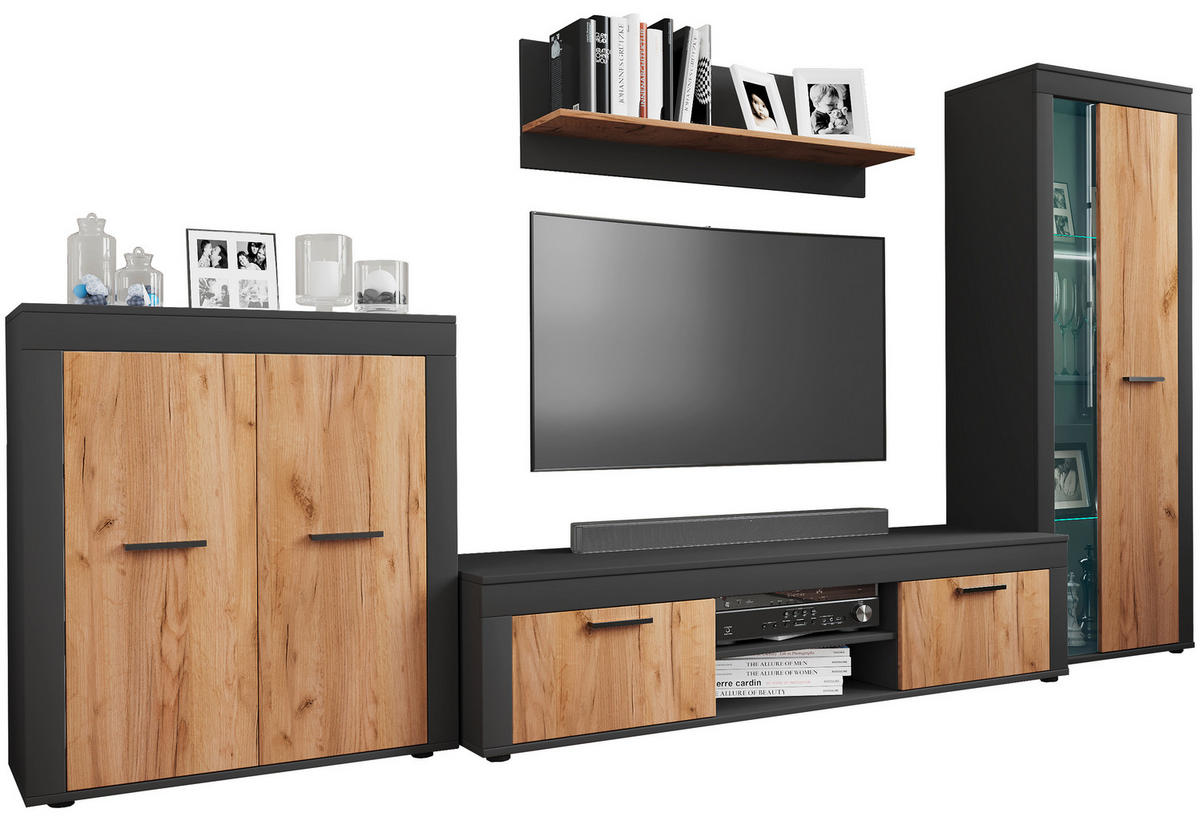 WOHNWAND 4-teilig  in Anthrazit, Honigeiche 300/159/37 cm  - Honigeiche/Anthrazit, Design, Glas/Holzwerkstoff (300/159/37cm) - MID.YOU