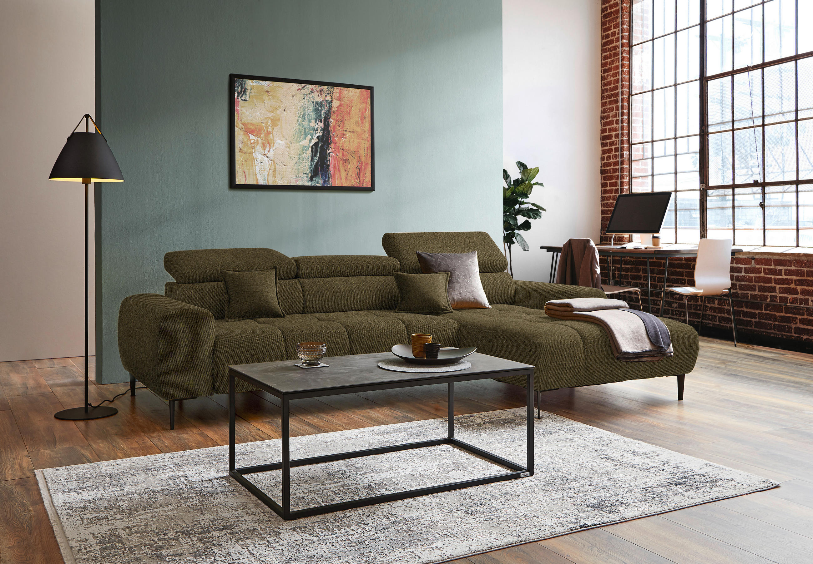 Thumbnail - Welnova Ecksofa, Olivgrün, Textil, Uni, 5-Sitzer, Ottomane rechts, L-Form, 270x177 cm, Made in EU, Typenauswahl, Stoffau...