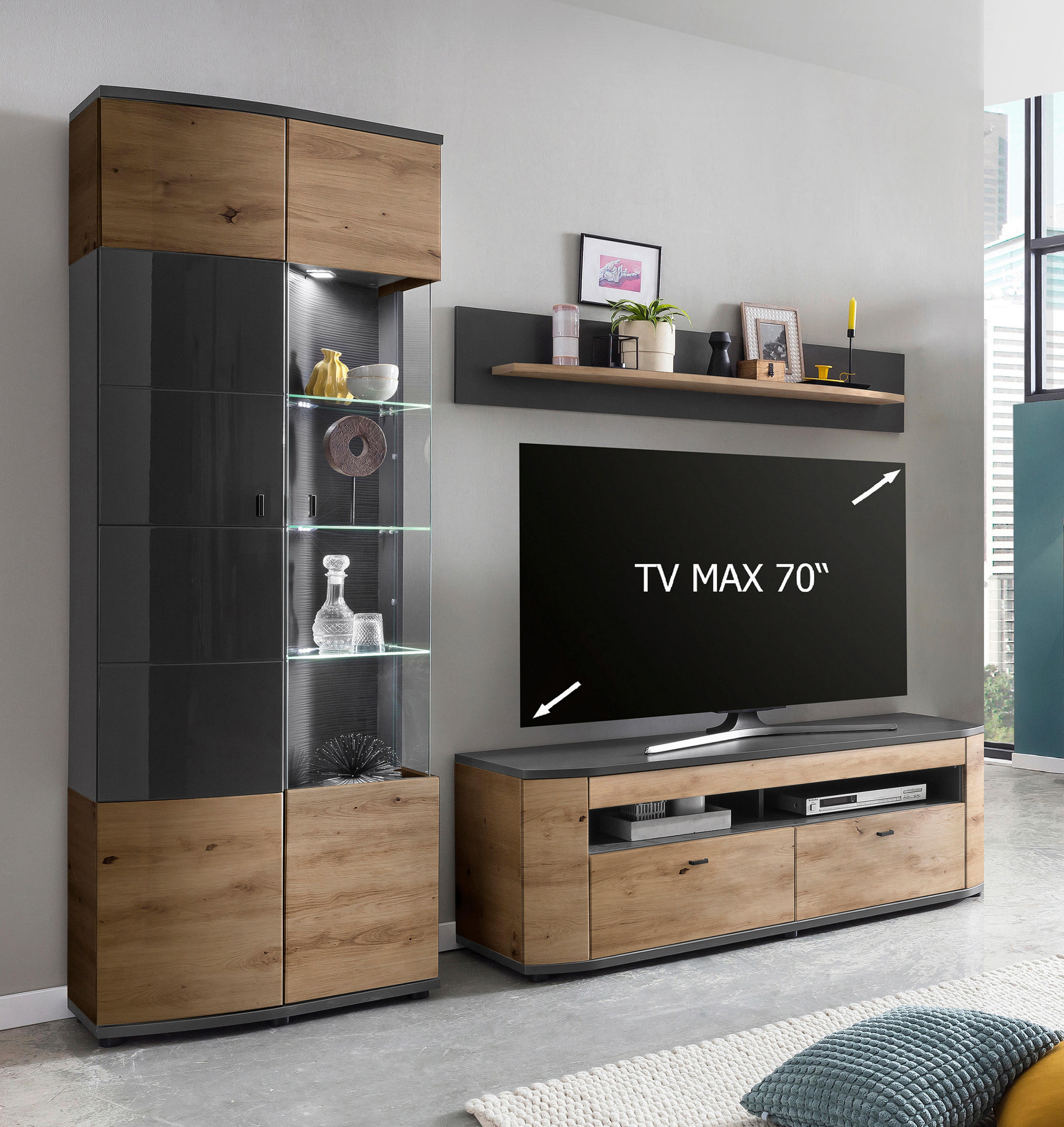 WOHNWAND in Braun, Grau, Eiche Artisan 235/200/46,4 cm - Schwarz/Braun, LIFESTYLE, Glas/Holzwerkstoff (235/200/46,4cm) - Livetastic