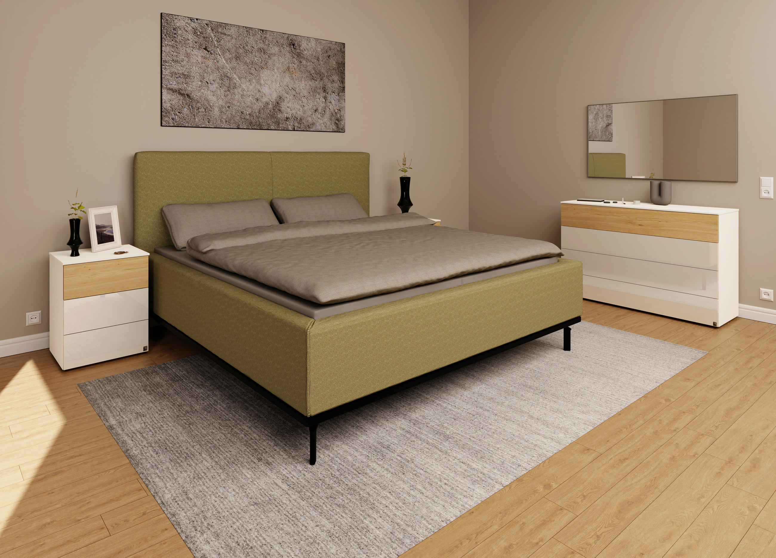 Thumbnail - Musterring Polsterbett, Olivgrün, Textil, Birke, Buche, massiv, H2 + H3, Höhe ca. 20 cm, 180x200 cm, atmungsaktiv,in ver...