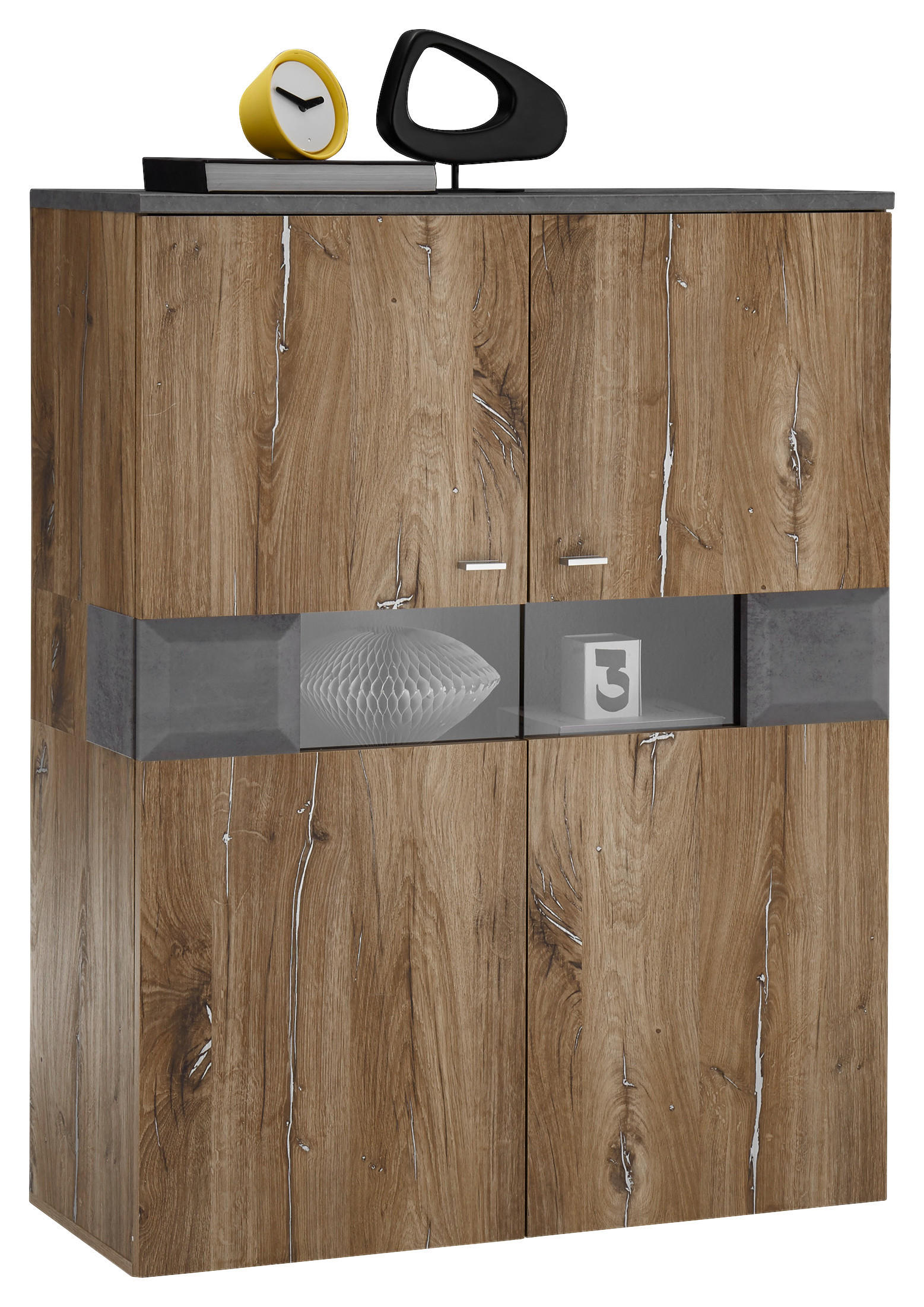 HIGHBOARD  in 100/128/42 cm  - Dunkelgrau/Eichefarben, KONVENTIONELL, Glas/Holzwerkstoff (100/128/42cm) - MID.YOU