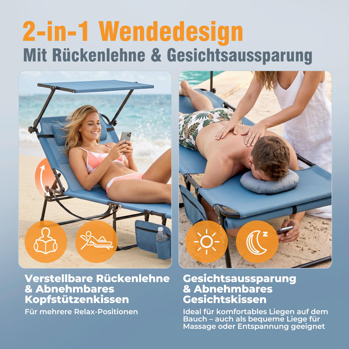 SONNENLIEGE 200/34/70 cm  - Blau/Dunkelgrau, Basics, Textil/Metall (200/34/70cm) - Modante