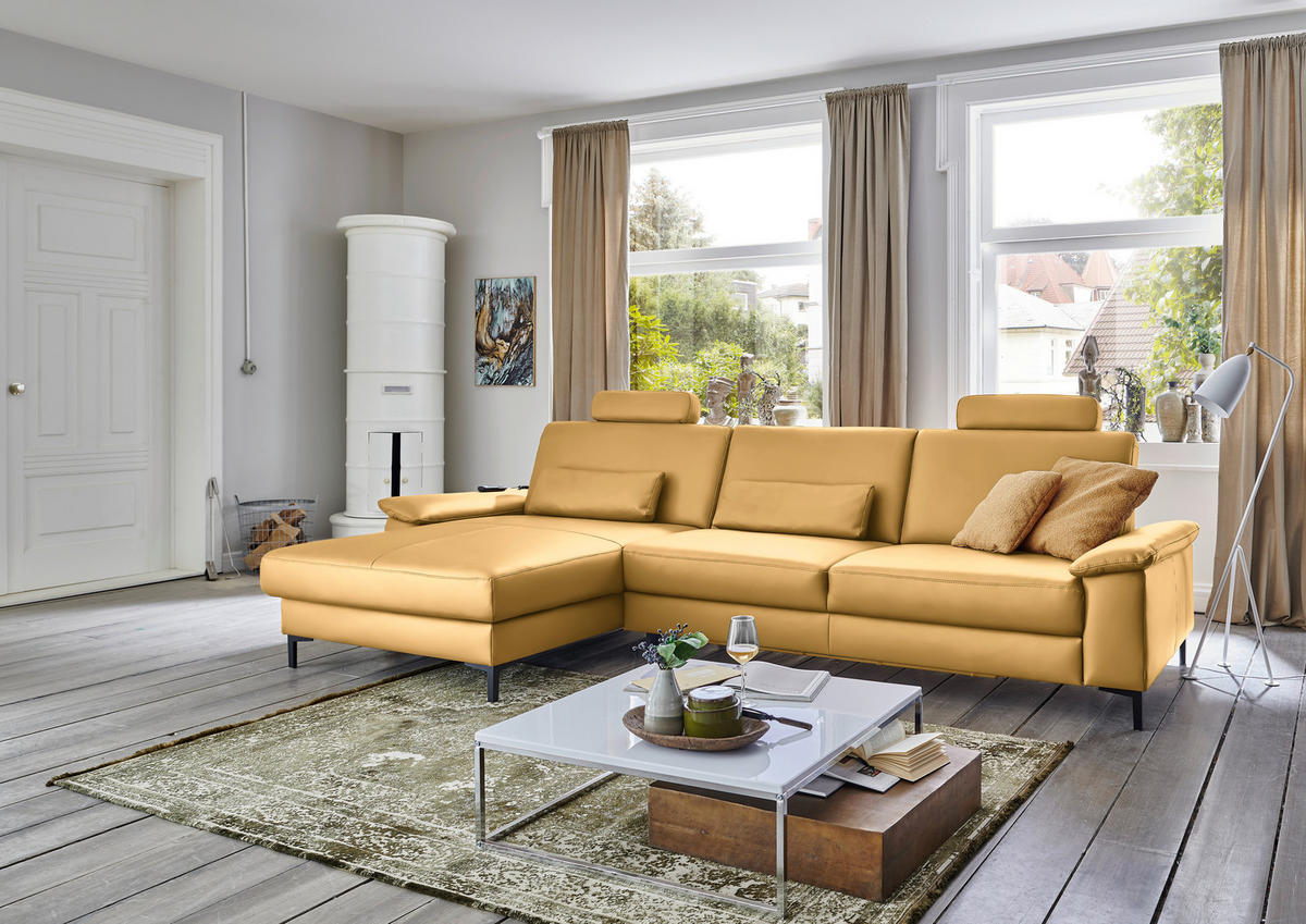 ECKSOFA in Echtleder Gelb  - Gelb/Schwarz, Design, Leder/Metall (176/334cm) - Dieter Knoll
