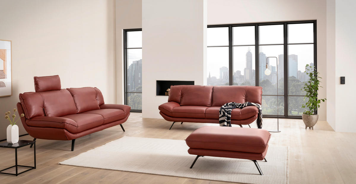 3-SITZER-SOFA Echtleder Bordeaux  - Bordeaux/Schwarz, Design, Leder/Metall (226/95/95cm) - Celina