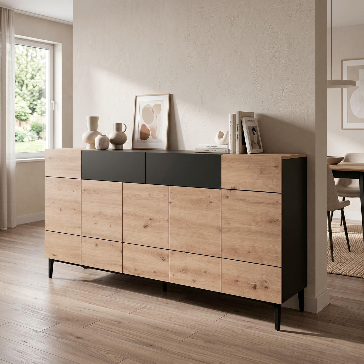SIDEBOARD  180/90/42 cm 2 Schublade(n)  - Eichefarben/Schwarz, Konventionell, Holzwerkstoff/Kunststoff (180/90/42cm) - MID.YOU
