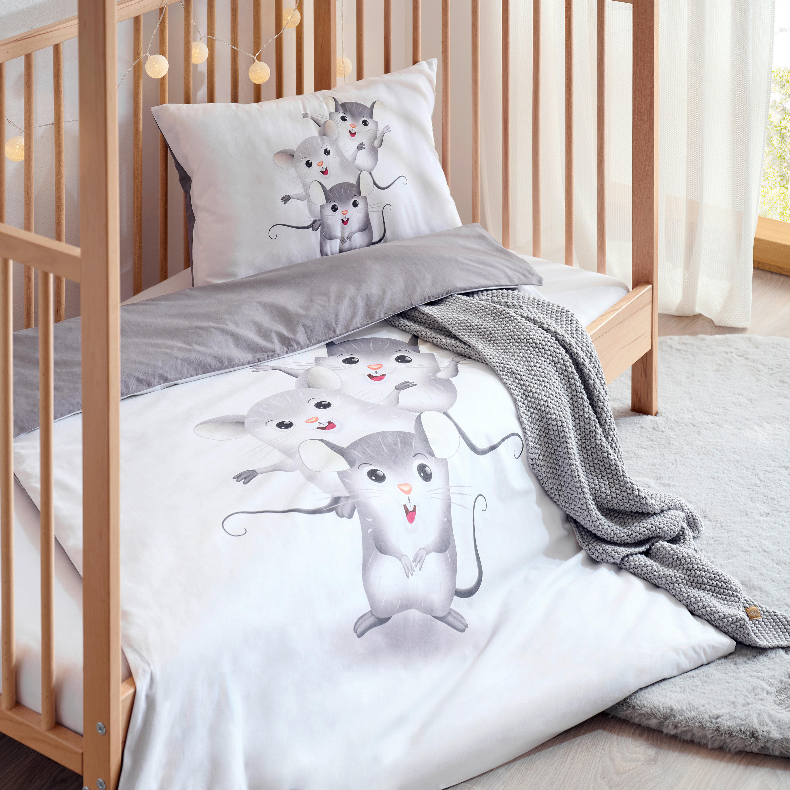 Thumbnail - Avelia Babybettwäsche, Grauweiß, Textil, Maus, 100x135 cm, Gots, Oeko-Tex® Standard 100, saugfähig, schadstoffgeprüft, w...