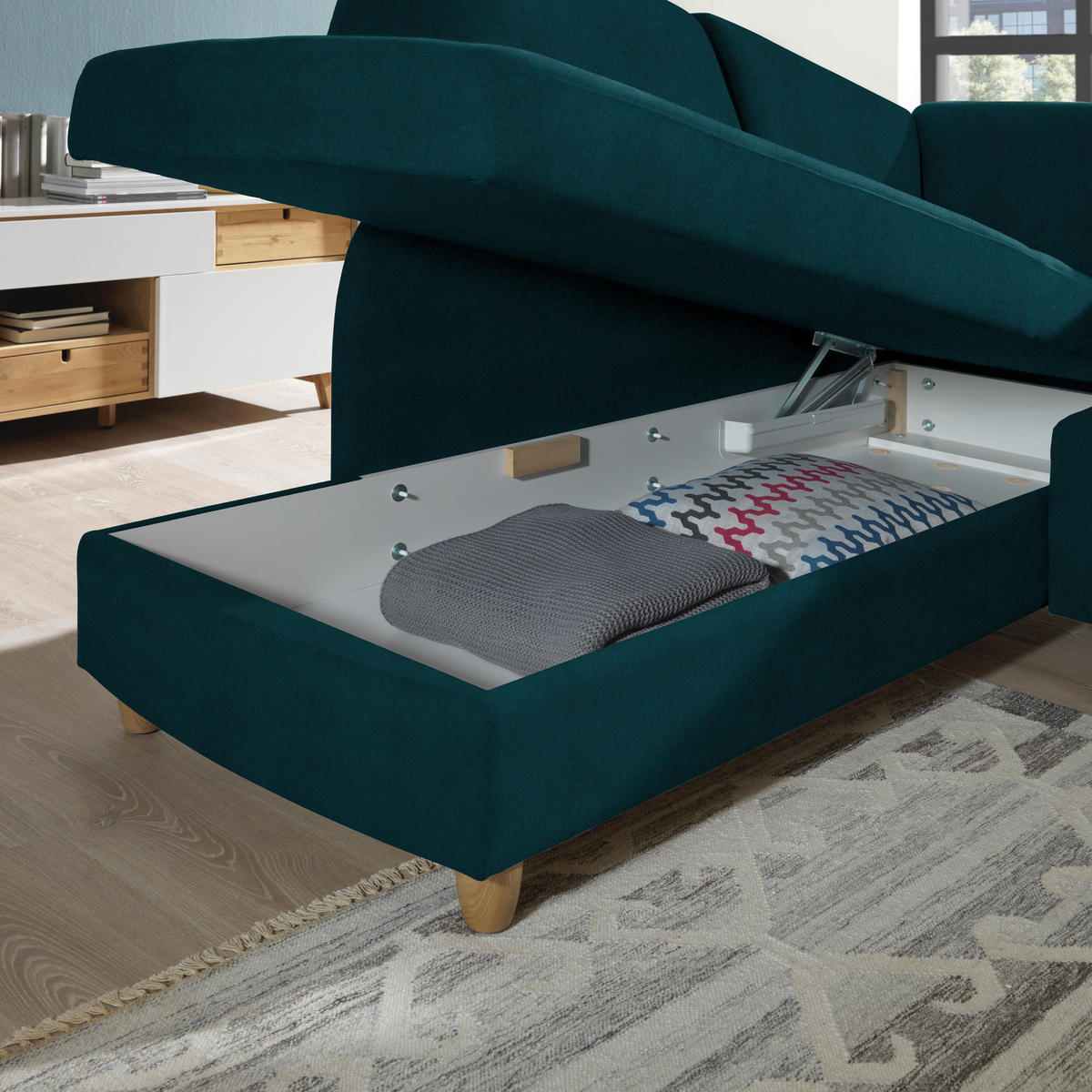 ECKSOFA in Flachgewebe Petrol  208/227 cm  - Eichefarben/Rot, KONVENTIONELL, Holz/Textil (208/227cm) - Sedda