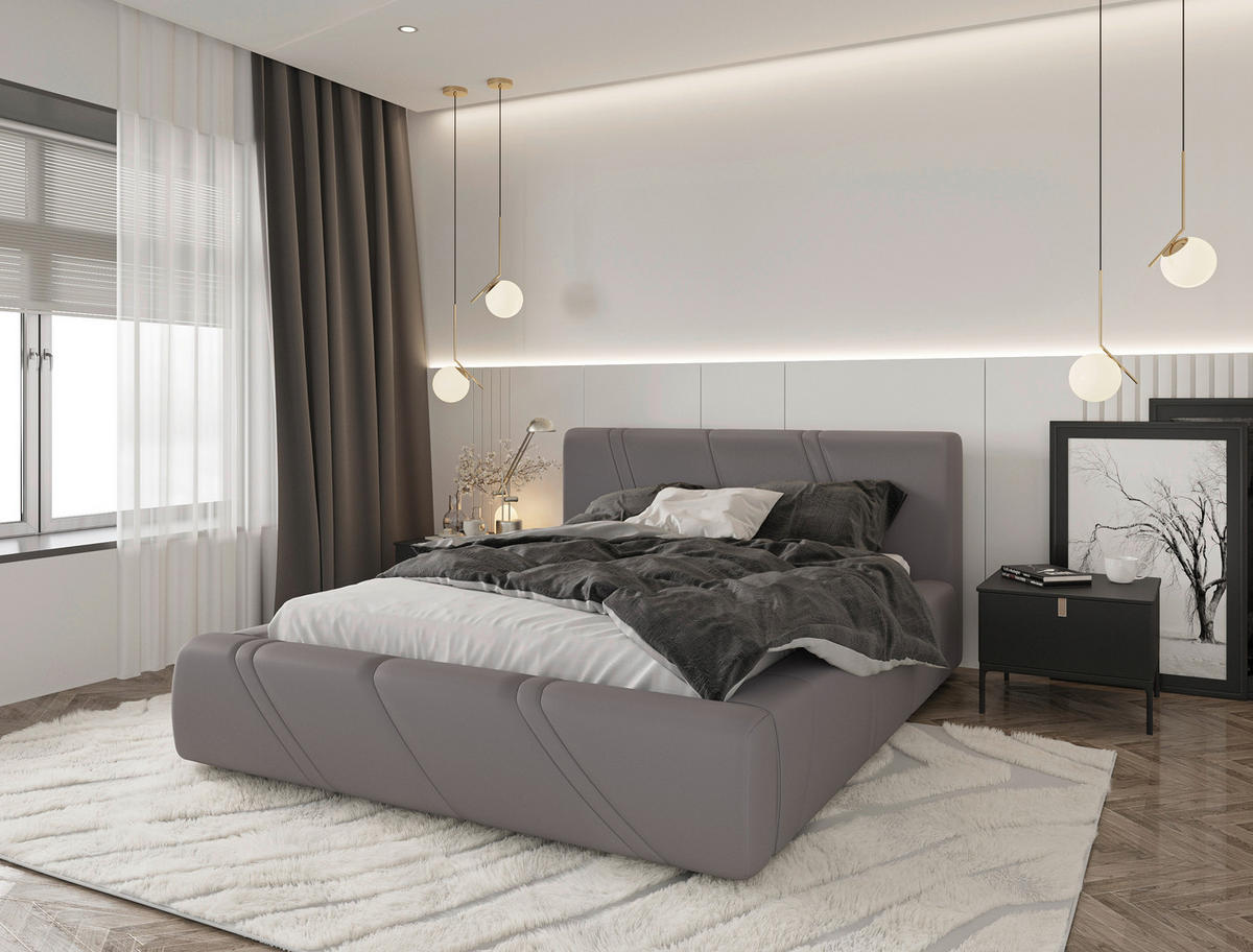 POLSTERBETT 140/200 cm,  in Hellgrau, gepolstertes Kopfteil, Lattenrost, Bettkasten,  - Hellgrau/Schwarz, Design, Holz/Kunststoff (140/200cm) - Chameo