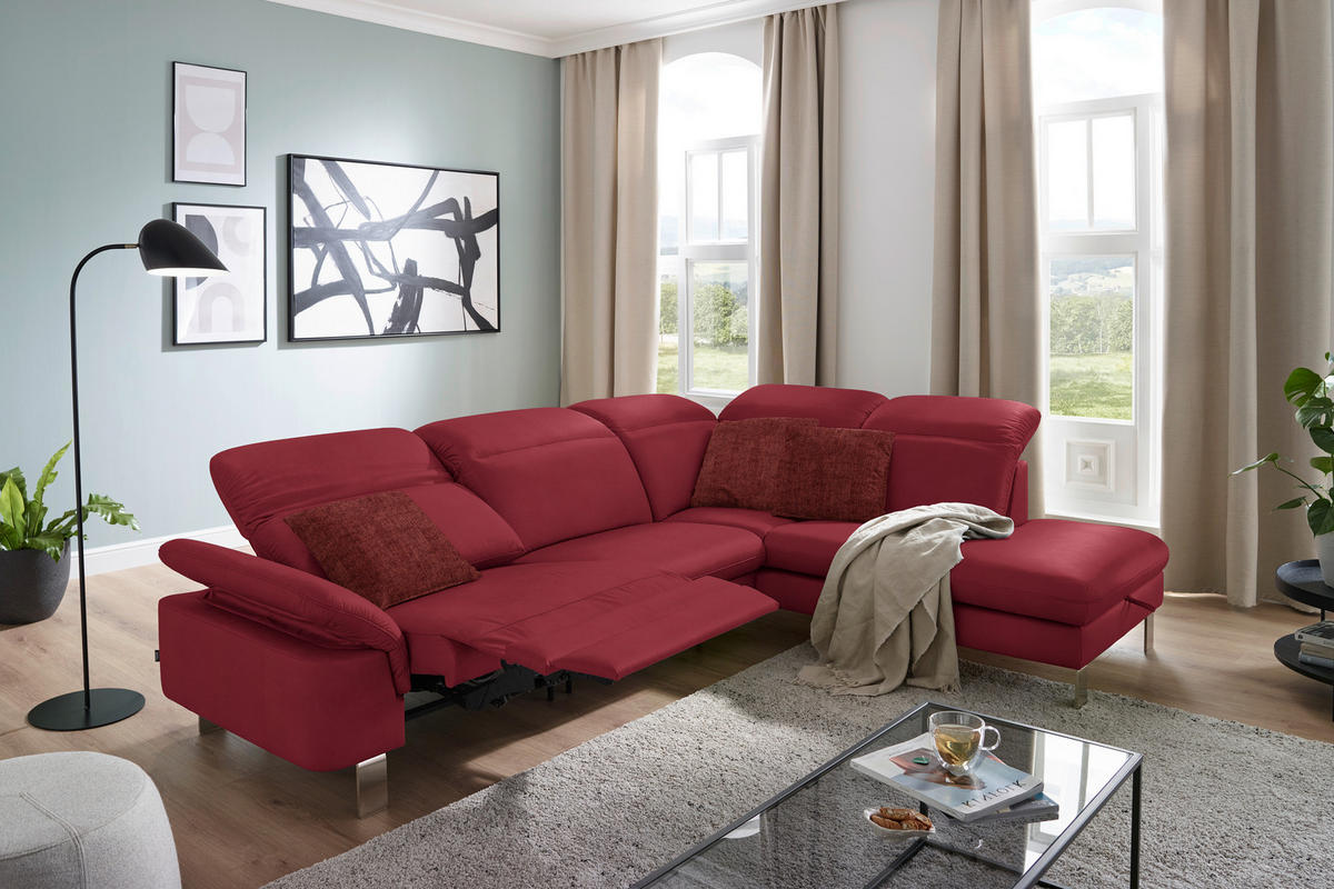 ECKSOFA in Echtleder Rot  309/233 cm  - Edelstahlfarben/Rot, Design, Leder/Metall (309/233cm) - Dieter Knoll